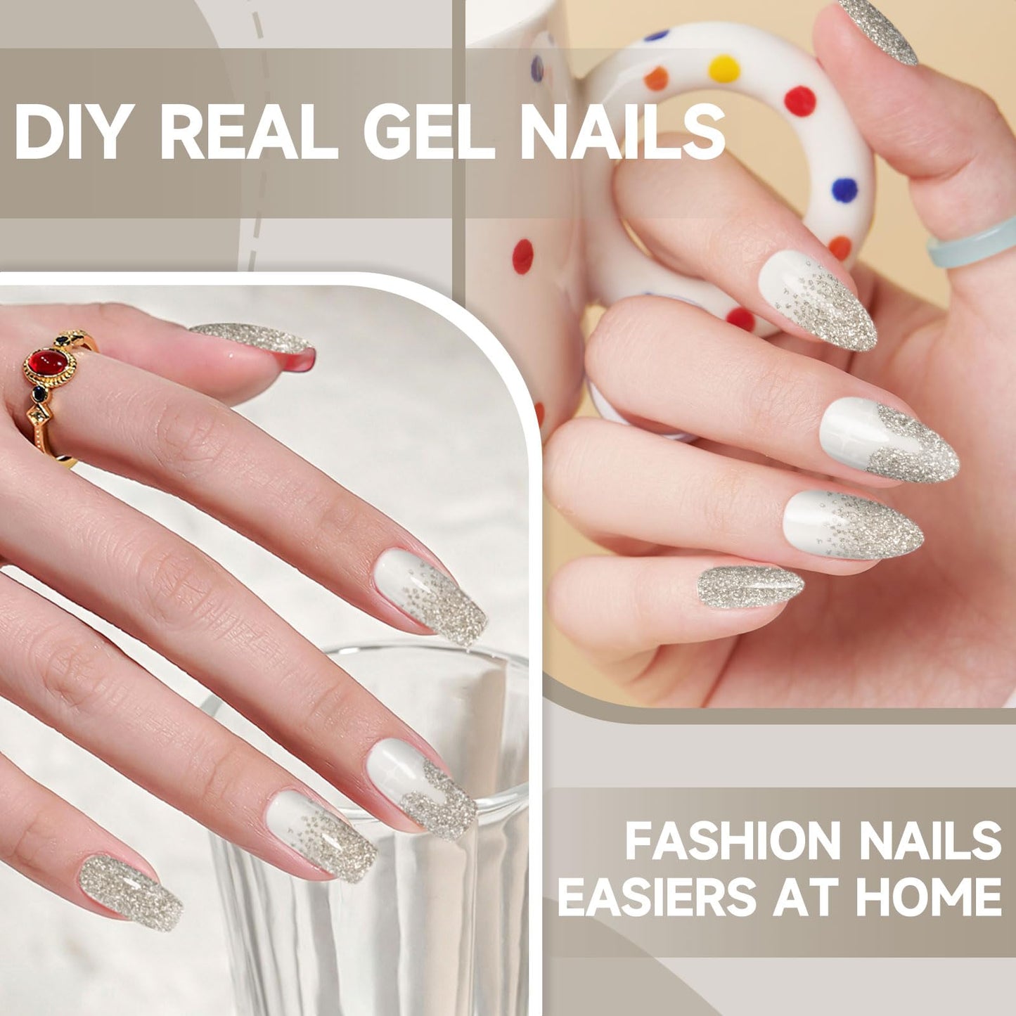 DUKASOU Semi Cured Gel Nail Strips,28 pcs Sparkling Gold Gel Nail Stickers with UV Light Required,French Full Over Wraps Nail Art Stickers, Easy to Apply（French Gold）
