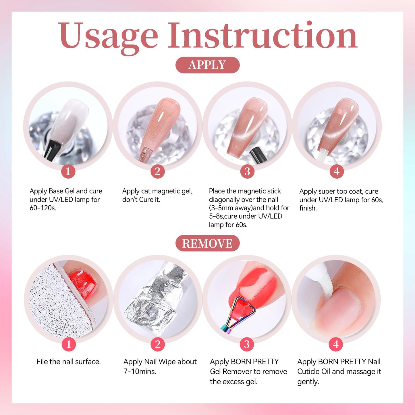 Born Pretty Spring Summer Pink Cat Magnetic Eye Gel Nail Polish Jelly Rose Pink Purple Crystal Glass Magnetic Shimmer Glitter Gel Polish Salon DIY Valentines Gift for Women 7ML 6PCS