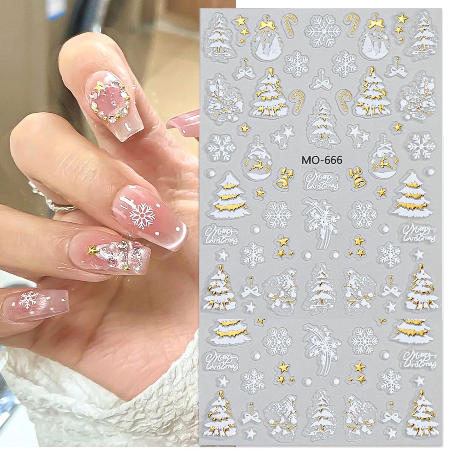 3Pcs 3D White Christmas Nail Stickers Embossed Nail Decals with Gold Glitter Xmas Tree Snowman Snowflakes Elk Design Winter Xmas Nail Art Decoration Supplies Holiday Nail Sticker for Women