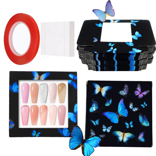HLQHXWHZT 71 Pcs Include 35Pcs Empty Press on Nails Packaging Box 35 Pcs White Background Papers and 1 Double Sided Tape, Empty Nail Package Box Set for Press on Nail Business (Black)…