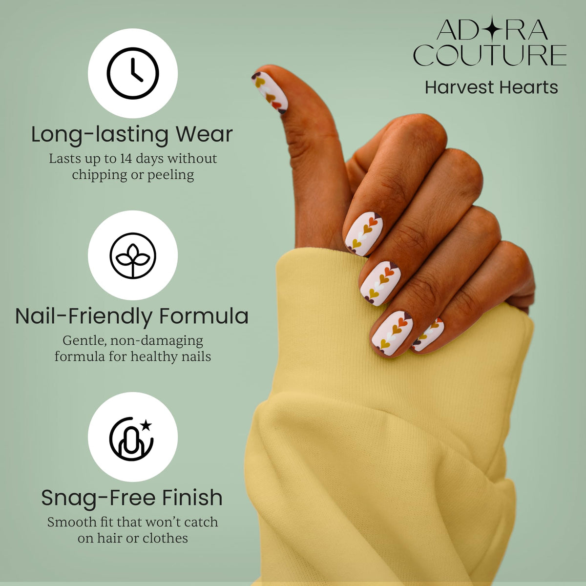 Adora Couture Semi Cured Gel Nail Strips with 20 Pieces, Salon Quality Wraps for Women, Beautiful Earthy Tones with Accent Hearts UV Gel Stickers, UV Light Required, Harvest Hearts
