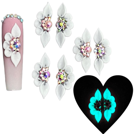 Set 6Pcs 3D Flowers Nails Charms with Rhinestone Gems Glow in Dark Handmade by Acrylic Powder Design for Long Nail L,XL,XXL Nail Art Floral Salon Decor Women (White 7 Rhinestones Glow in Dark-6PCs)