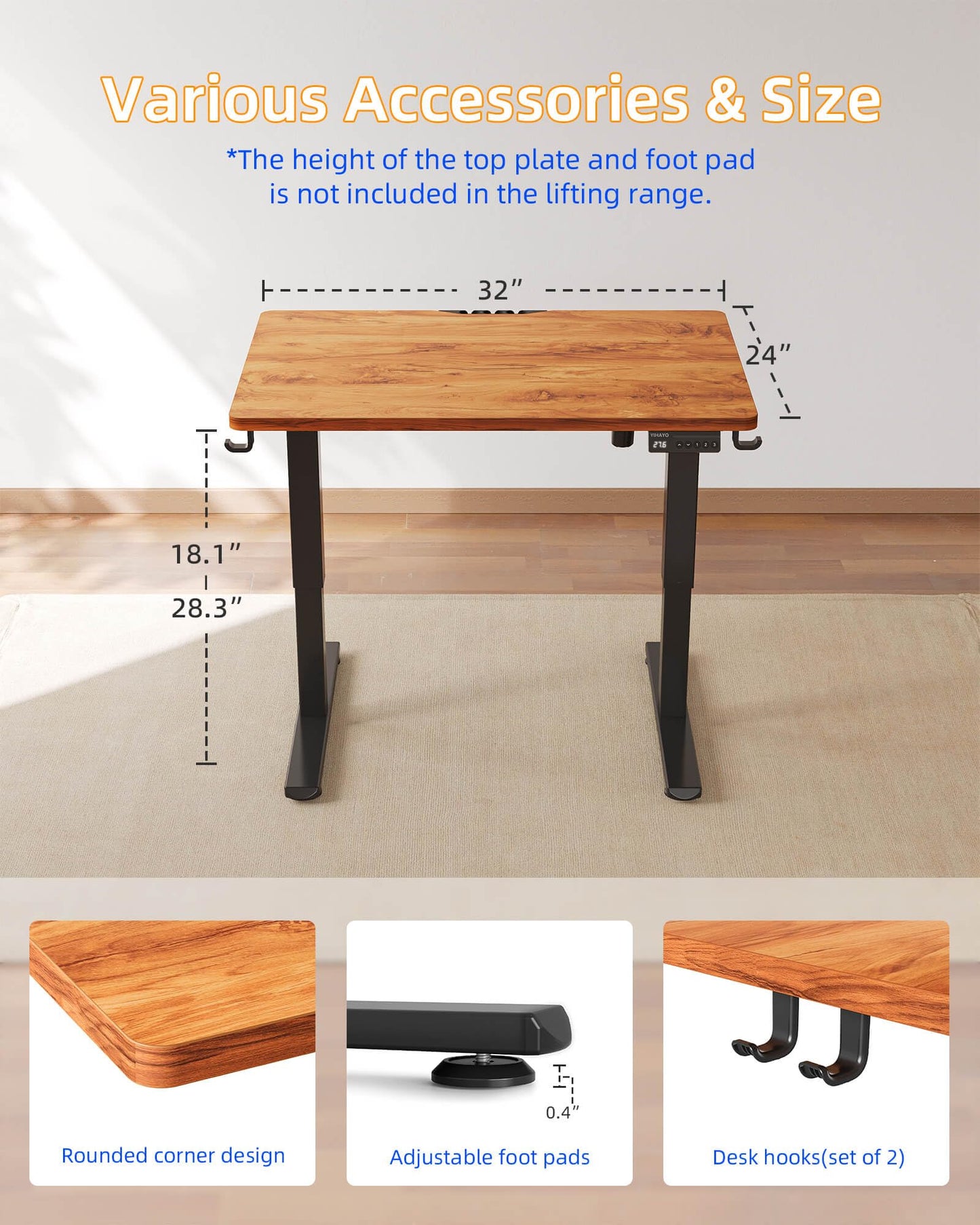 YIHAYO One-Piece Low Height Adjustable Desk, Lifts 18.1-28.3 Inches, Electric Standing Desk for Short People, 32 x 24 Inches Computer Table with Splice Board for Home Office, Rustic Brown
