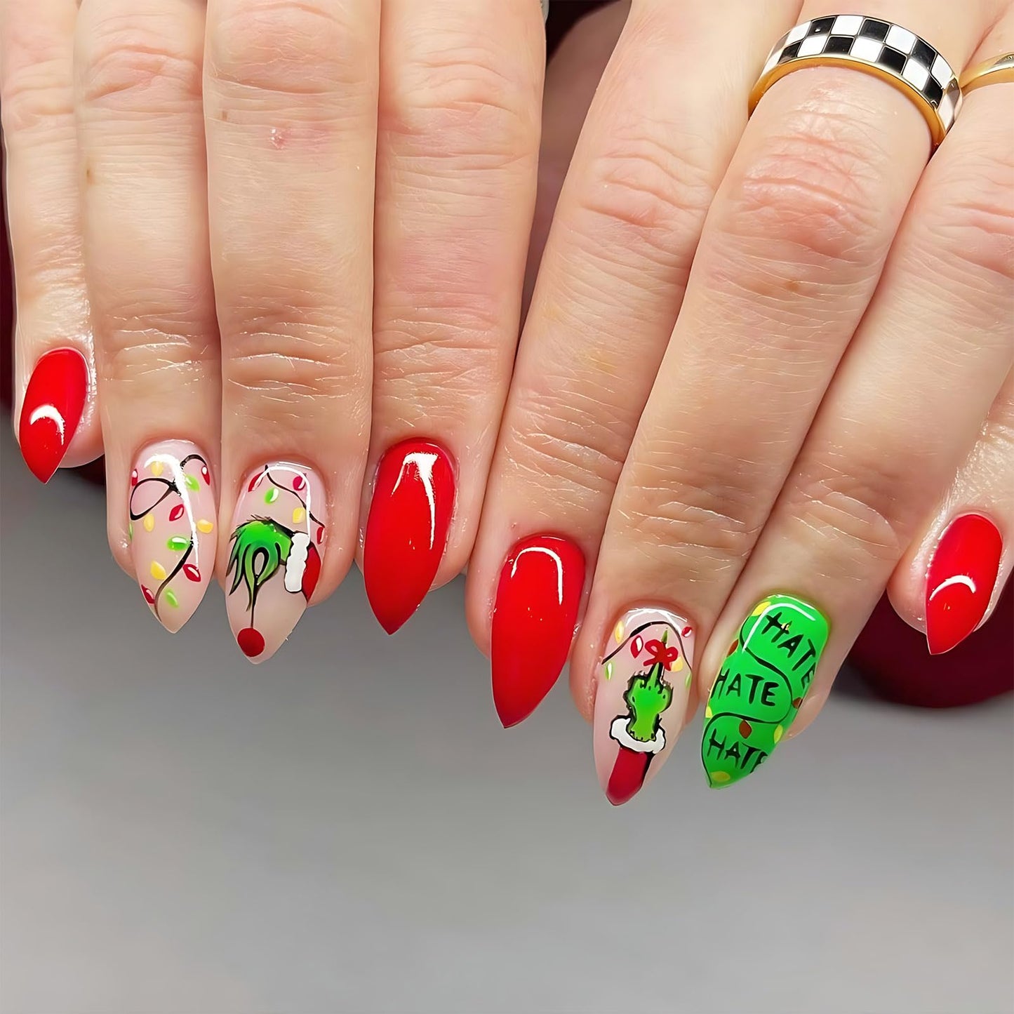 Christmas Press On Nails Medium Almond Green Fake Nails with Glue Winter Snowflake Cartoon Design,Christmas Nails Short False for Women Kids Holiday Xmas Gifts