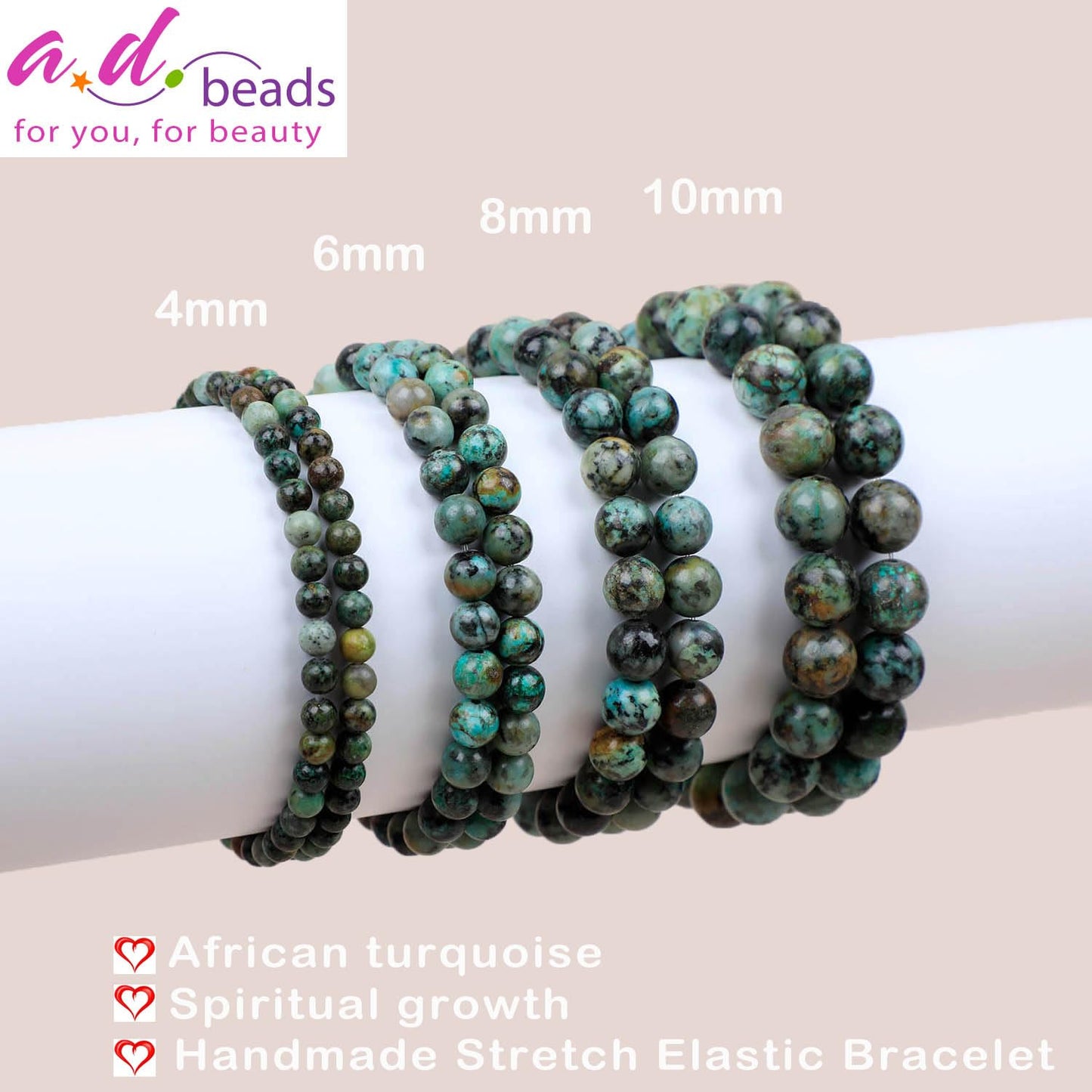 AD Beads Handmade Gemstone Stretch Elastic Bracelet Crystal Healing Reiki Nature's Beauty and Spiritual Essence Unisex (10mm, African Turquoise (Spiritual Growth))