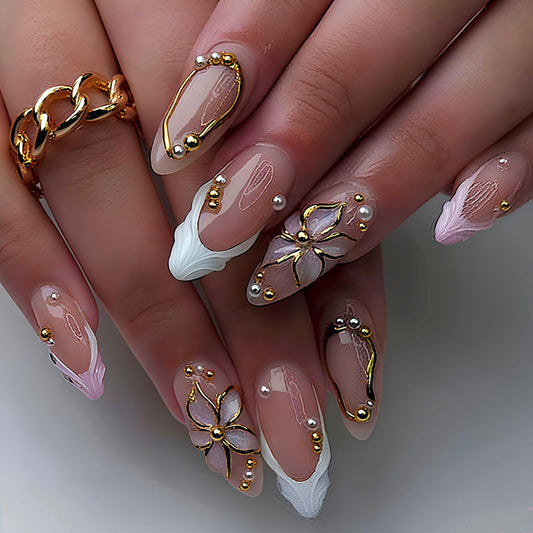 3D Wave French Tip Press on Nails - Medium Almond Fake Nails with Gold Flower | Line | Pearl Designs False Nails Spring Glue on Nails Full Cover Stick on Nails for Women Manicure 24Pcs