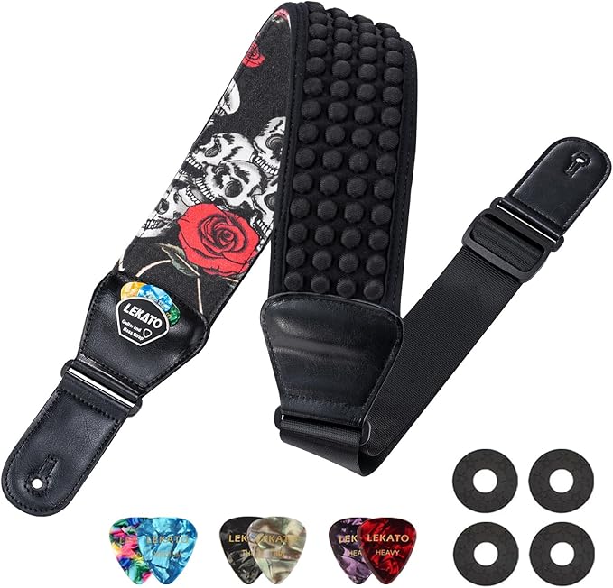 LEKATO Guitar Bass Strap for Electric Guitar Bass, 3" Wide Padded Guitar Strap Neoprene Pad with 3D Sponge Filling Adjustable Length from 45" to 55" with Strap Locks, Picks, Rose Skull
