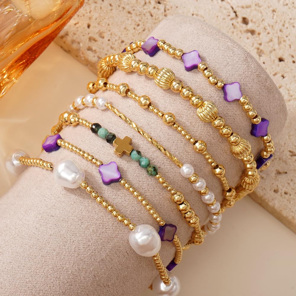 14K Gold Beaded Purple Clover Stackable Bracelets for Women,7PCS/Set Boho Cross Pearl Beads Stretch Bracelets Stack Fashion Holiday Birthday Prom Jewelry Accessories Gift Friendship Sister