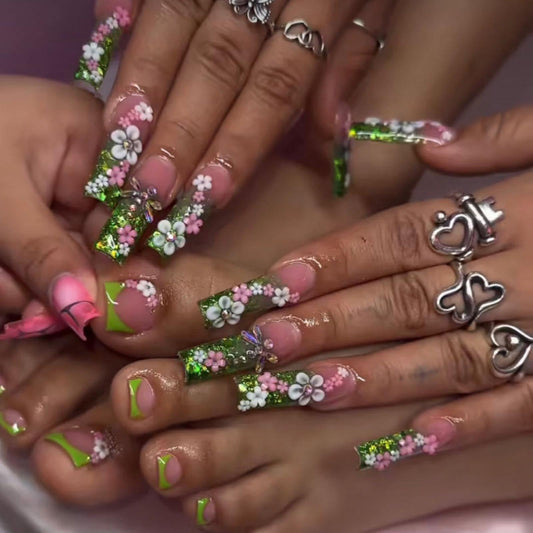 48Pcs Flower Press on Nails Rhinestone French Tips Press on Toenails Long Square Fake Nails with Green Glitter Design White Pink Floral Fake Toes Glossy Summer False Nails for Women Girls DIY Manicure
