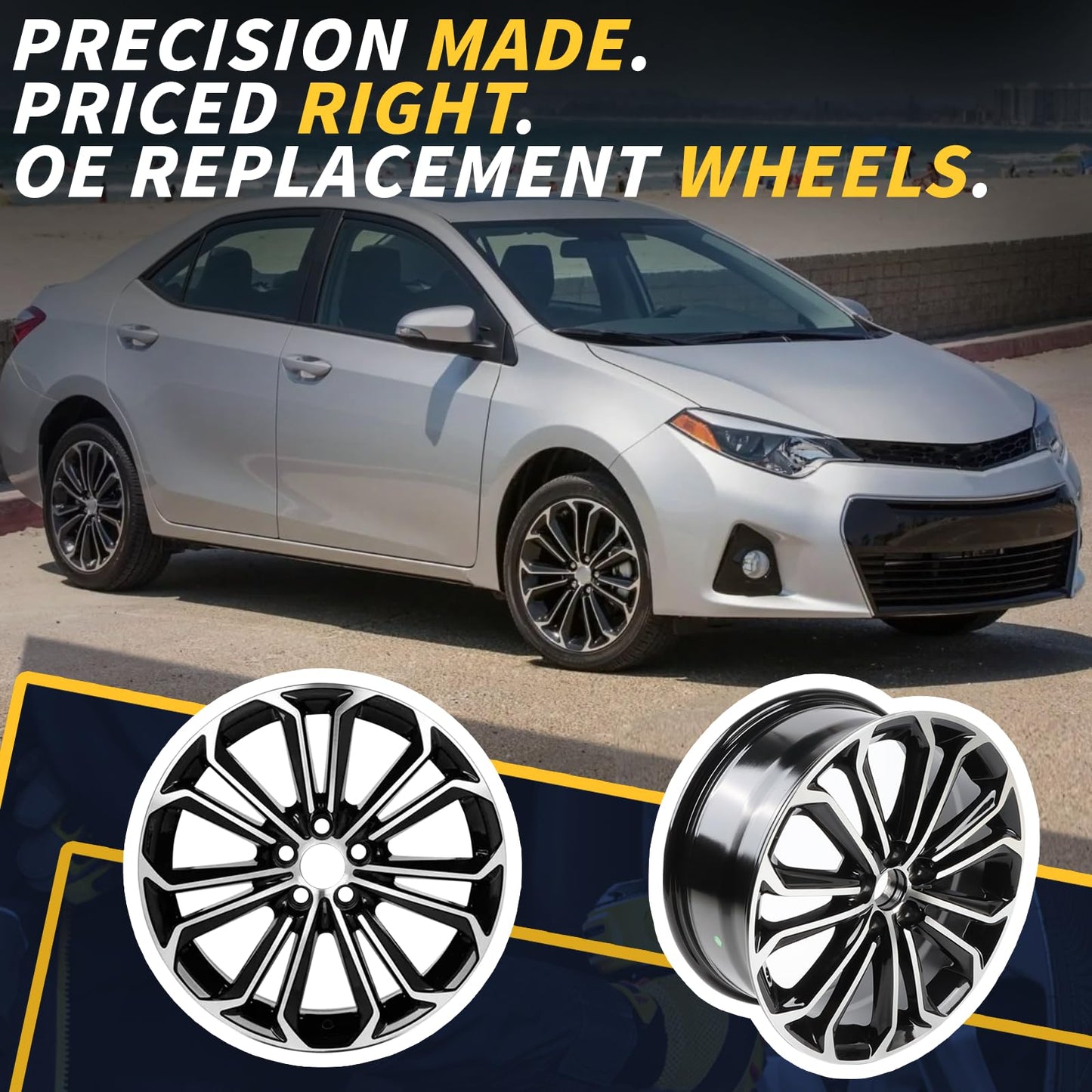 LUNEGUE New 17" x 7" 17 Inch Replacement Aluminum Alloy Wheel Rims Fit for 2014 2015 2016 Toyota Corolla 17 Inch Black Machine Face (Diamond Cut) Black Rim, OE Direct Replacement, ALY75152U45N
