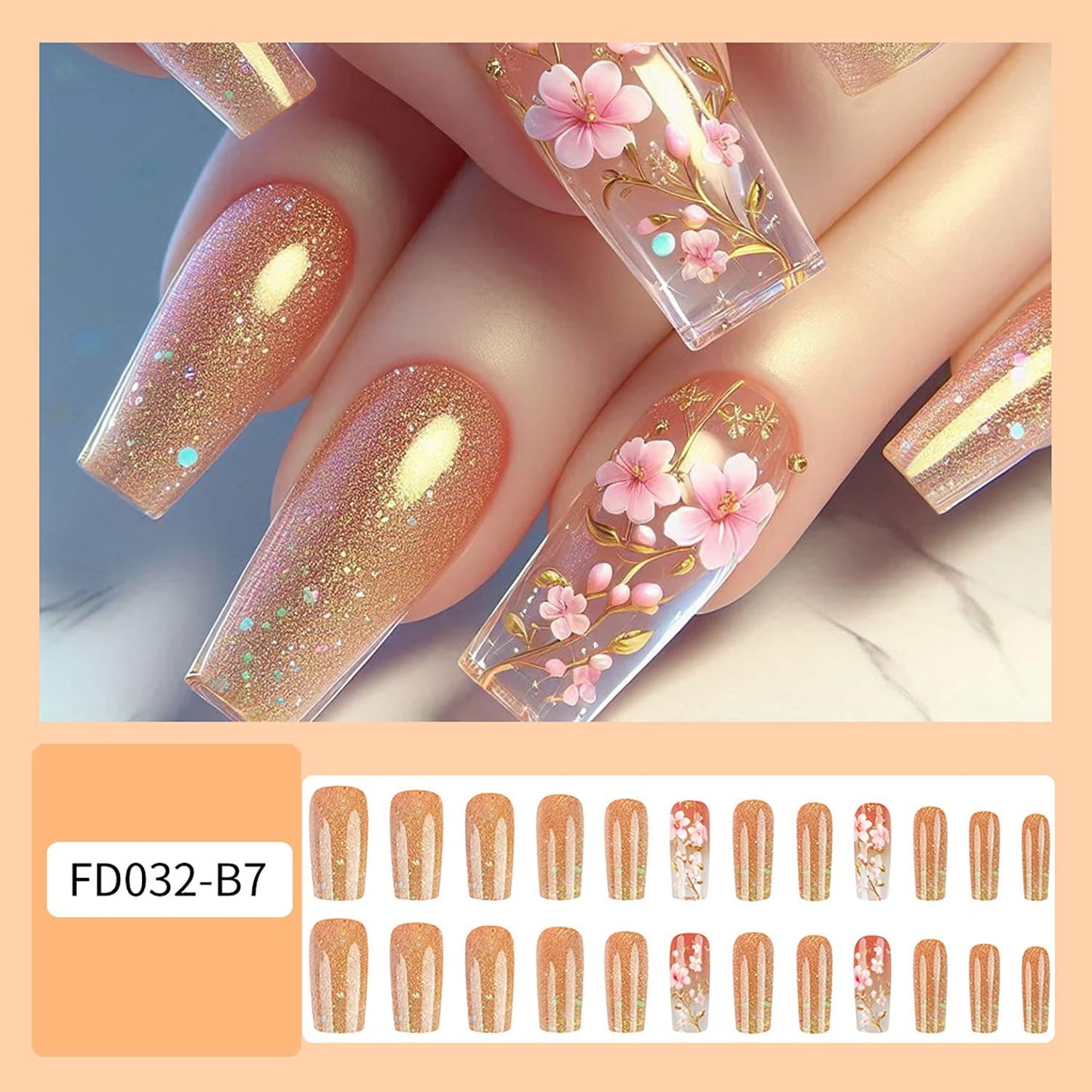 Flower 3D Press on Nails Medium Ballet Shaped Gold Glitter Powder Design Full Cover Glossy Floral Acrylic False Nail Glitter Artificial Fingernails DIY Blossom Press Ons Stick on Nails for Women 24Pcs