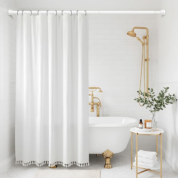 Shower Curtain Rod 31-63 Inch,0.87"Diameter Adjustable Spring Tension Curtain Rods No Drill,Ivory White Shower Tension Rod for Bathroom,Room Divider,Window,Anti-Rust Non-Slip 1-Pack