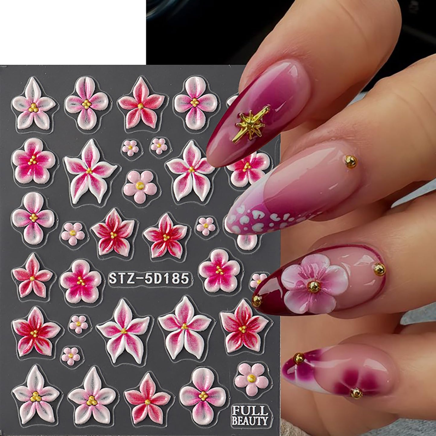 CJDLTS 2 Sheets 5D Flower Nail Art Stickers 5D Relief Self -Adhesive Cherry Blossoms Nail Decals Holographic Pink Cherry Blossoms Nails Stickers for Women Spring Acrylic Nails Decoration Supplies