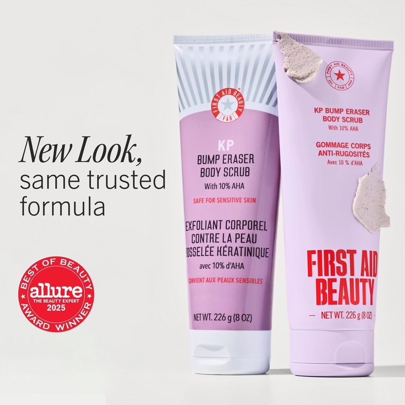 First Aid Beauty KP Bump Eraser Body Scrub with 10% AHA - Dermatologist-Tested Keratosis Pilaris Exfoliator - Support for Rough Bumps, Uneven Skin Texture & Strawberry Skin - Sensitive Skin - 10 oz