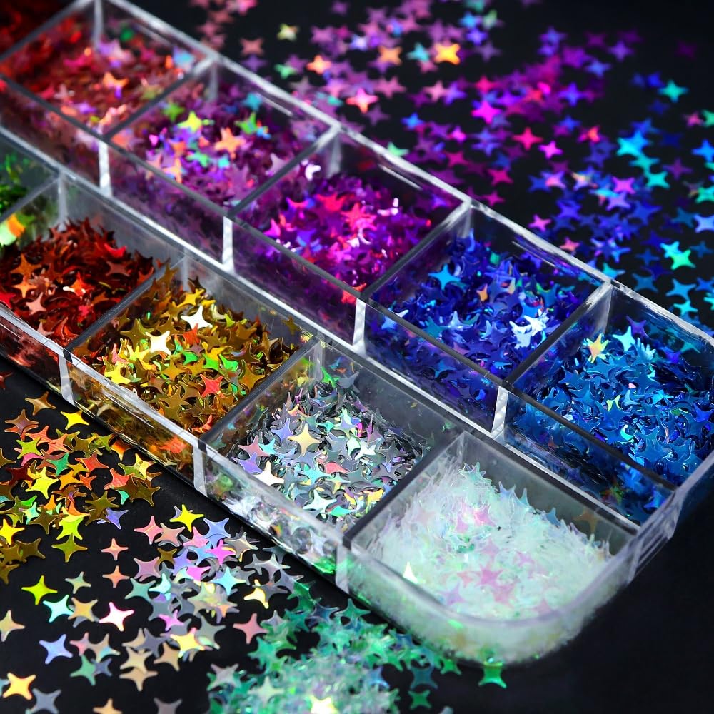 1 Box 12 Color Holographic Star Nail Glitter Silver Gold Nail Sequins 3D Colorful Nail Flakes Sparkly Powder Flakes Shiny Nail Glitter Laser Nail Sequins Glitter for Nails Art 12 Grids