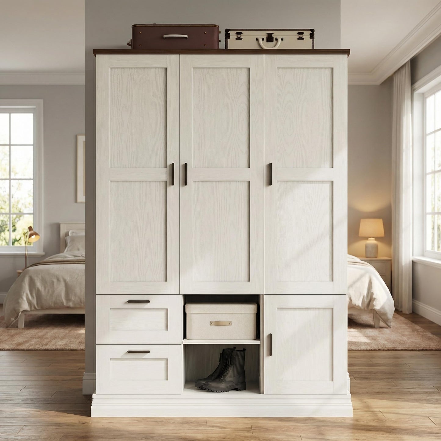 IRONCK Wardrobe Closet with 2 Drawers, 2 Hanging Rods, 3 Doors Wooden White Wardrobe, Large Freestanding Closet Bedroom Armoire Cloth Storage Cabinet for Couples, Easy Assembly, Rustic White