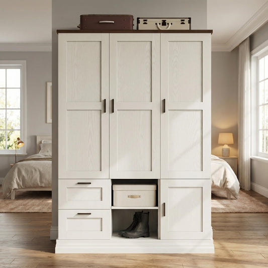 IRONCK Wardrobe Closet with 2 Drawers, 2 Hanging Rods, 3 Doors Wooden White Wardrobe, Large Freestanding Closet Bedroom Armoire Cloth Storage Cabinet for Couples, Easy Assembly, Rustic White