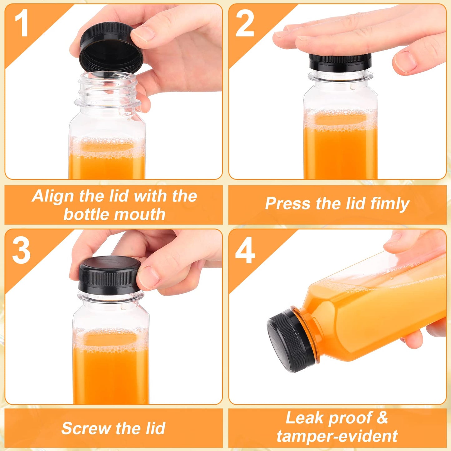 Xinnun 200 Pcs Plastic Juice Bottles with Caps Square Empty Clear Water Bottles Bulk Drinking Beverage Containers Reusable Empty Juicing Refillable PET Flasks with Lids for Drinks Smoothie(8oz,Black)