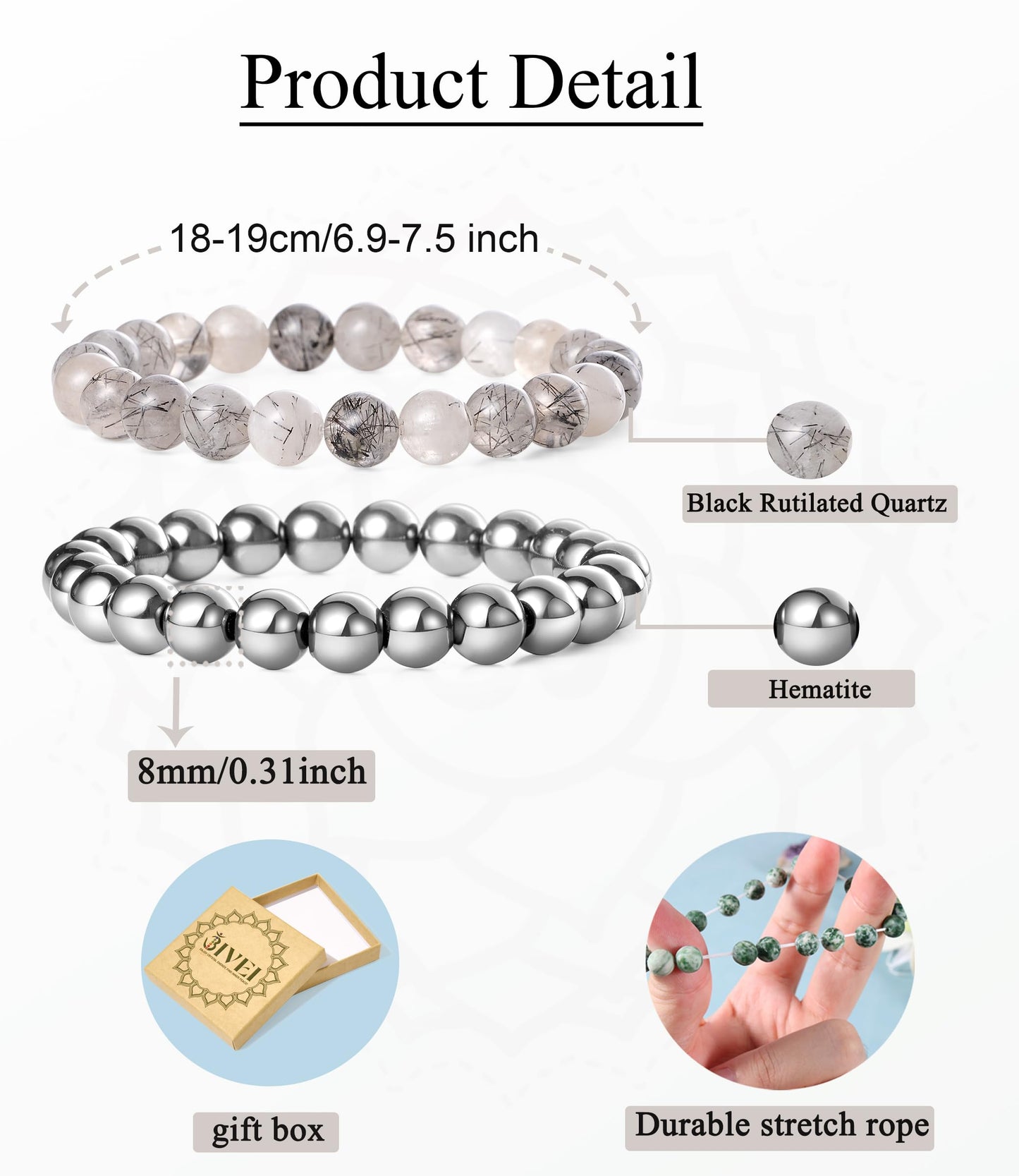 Bivei Natural Gemstone Semi Precious Crystals Handmade Stretchy Round Beads Bracelet, Enhance Positive Energy,Stocking Stuffers for Women(Black Rutilated Quartz & Hematite (Emotional Trauma) Medium)
