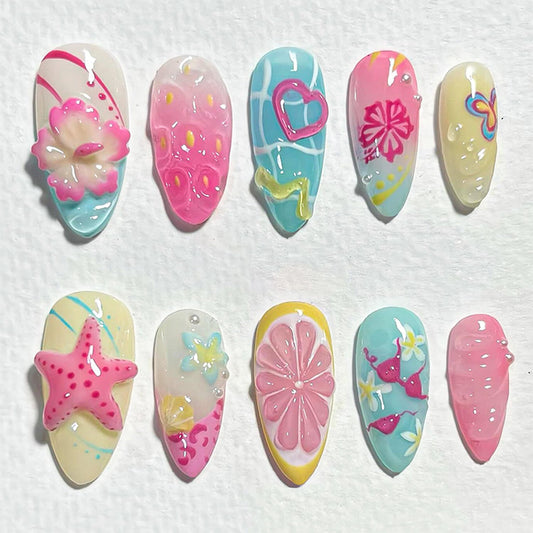 30Pcs Flower Press On Nails Medium Almond Nails With 3D Colorful Summer Sea Starfish Designs French Tips & Cute Heart Lemon False Nails Ocean Beach Press Ons Handmade Nails Pearl for Spring