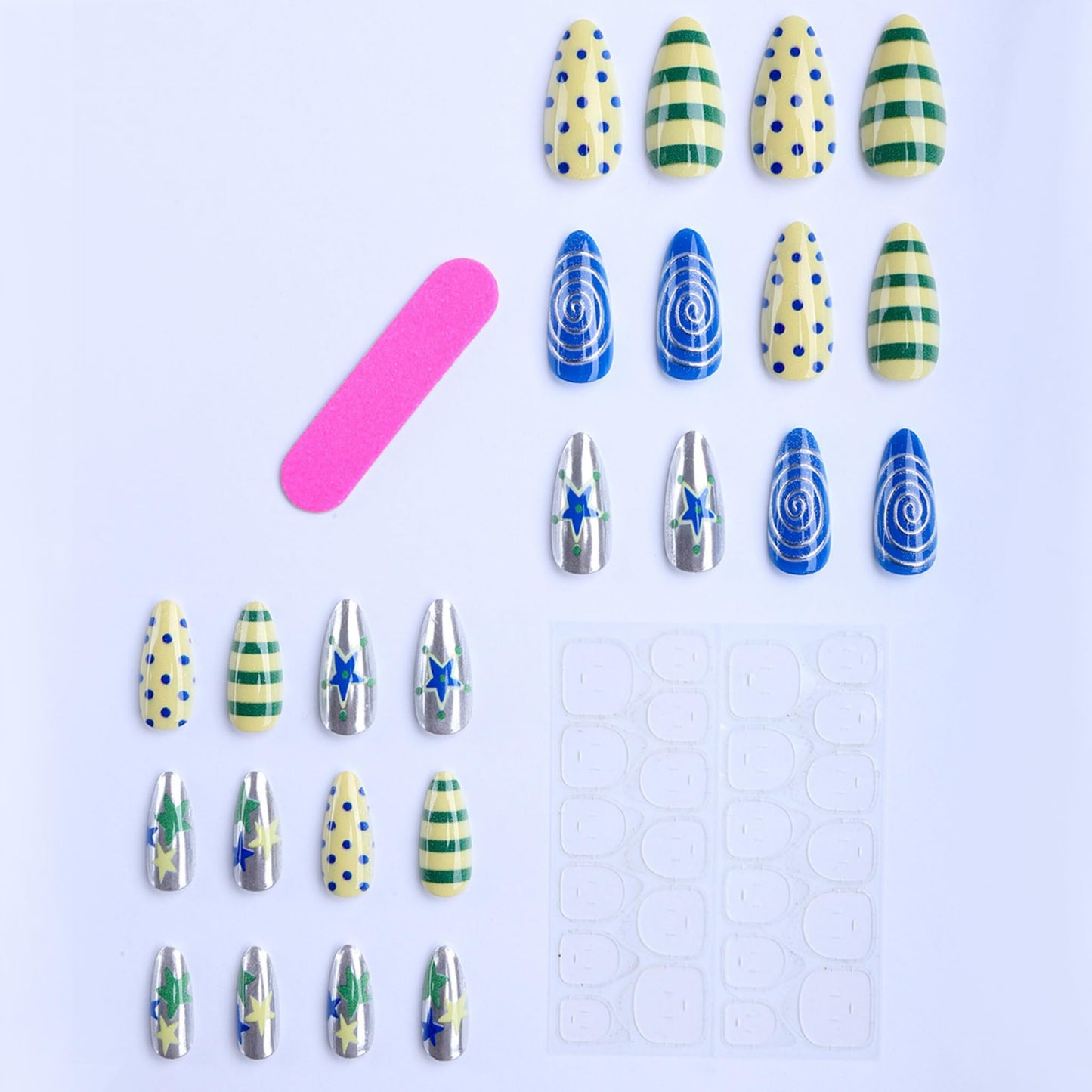 Long Press on Nails Almond Fake Nails Multicolor Artificial Nail Star Spiral Stripe Polka Dot Glossy Stick on Nail Fun Retro Pop Style for Women 24pcs