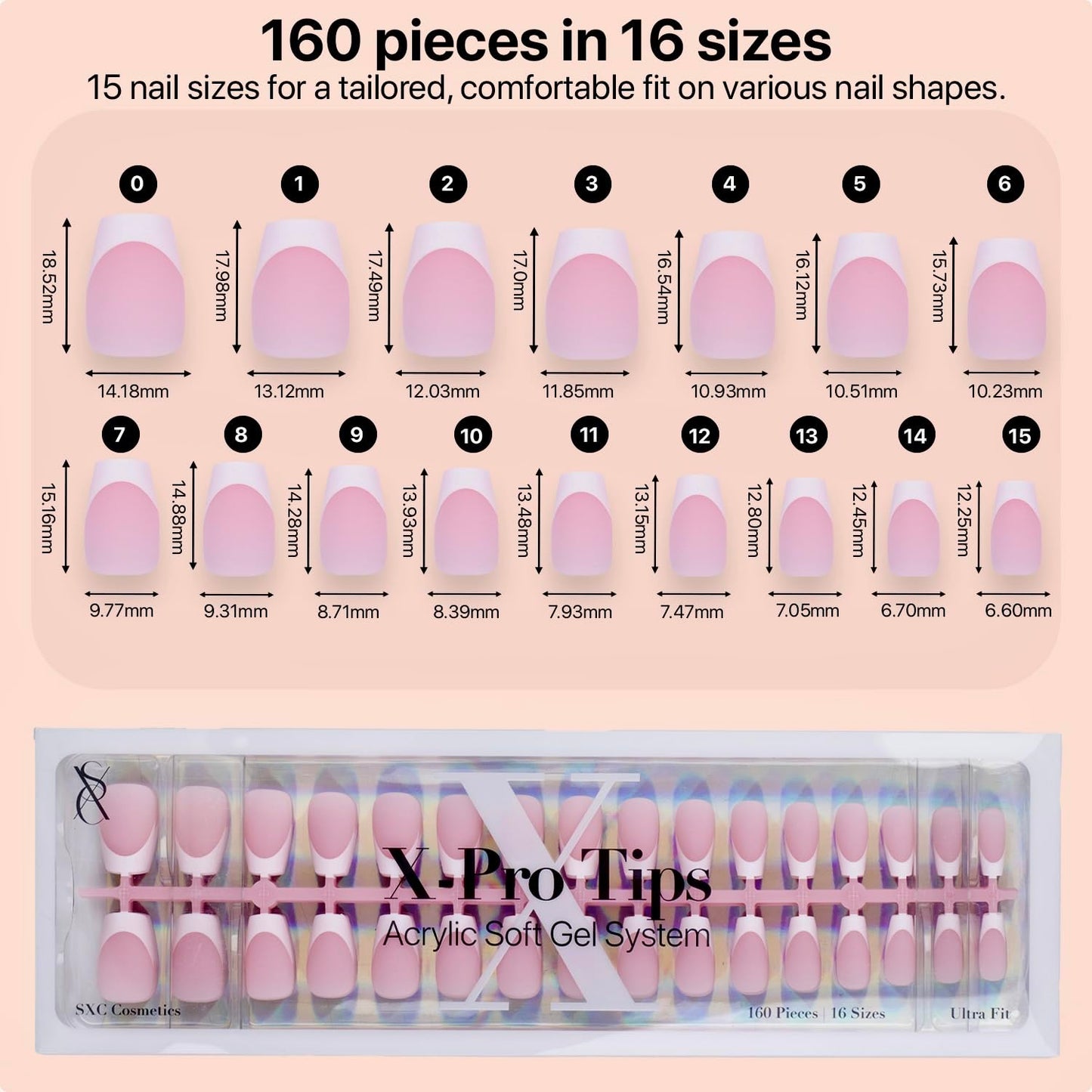 SXC Cosmetics French Tip Press On Nails Pink Short Coffin 160 Pieces in 16 Sizes Ultra Fit with Pre-applied Tip Primer and Base Coat, No Need to File Fake Nails for Nail Art DIY X-Pro Tips