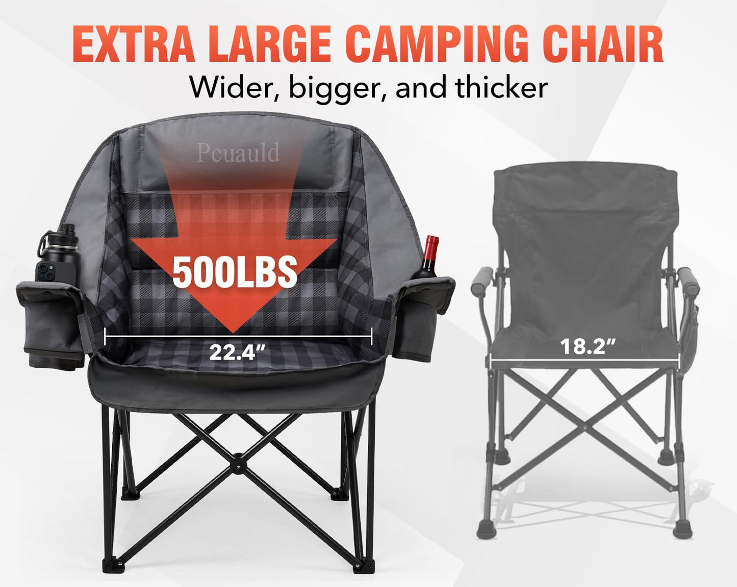 Pcuauld Camping Chairs for Adults 2 Pack Heavy Duty Padded Folding XL Camp Chair with Cup Holder, Supports 500lbs, Oversized Large Outdoor Widen Comfy Lawn Chairs for Tailgating Sports Beach