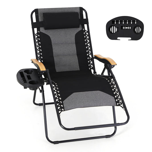 MFSTUDIO Zero Gravity Chairs, Oversized Patio Recliner Chair, Padded Folding Lawn Chair with Cup Holder Tray, Support 400lbs, Black