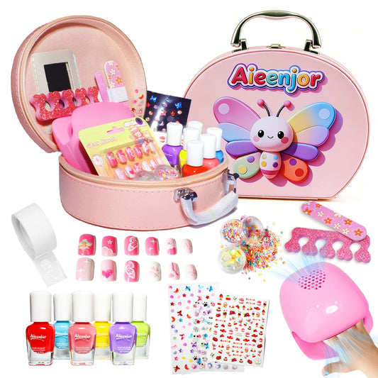 Aieenjor Kids Nail Polish, Toddler Nail Polish, Washable Non-Toxic Girls' Nails Kit with Dryer, DIY Manicure Studio with Stickers & Gems, Perfect Birthday & Party Gift for Girl