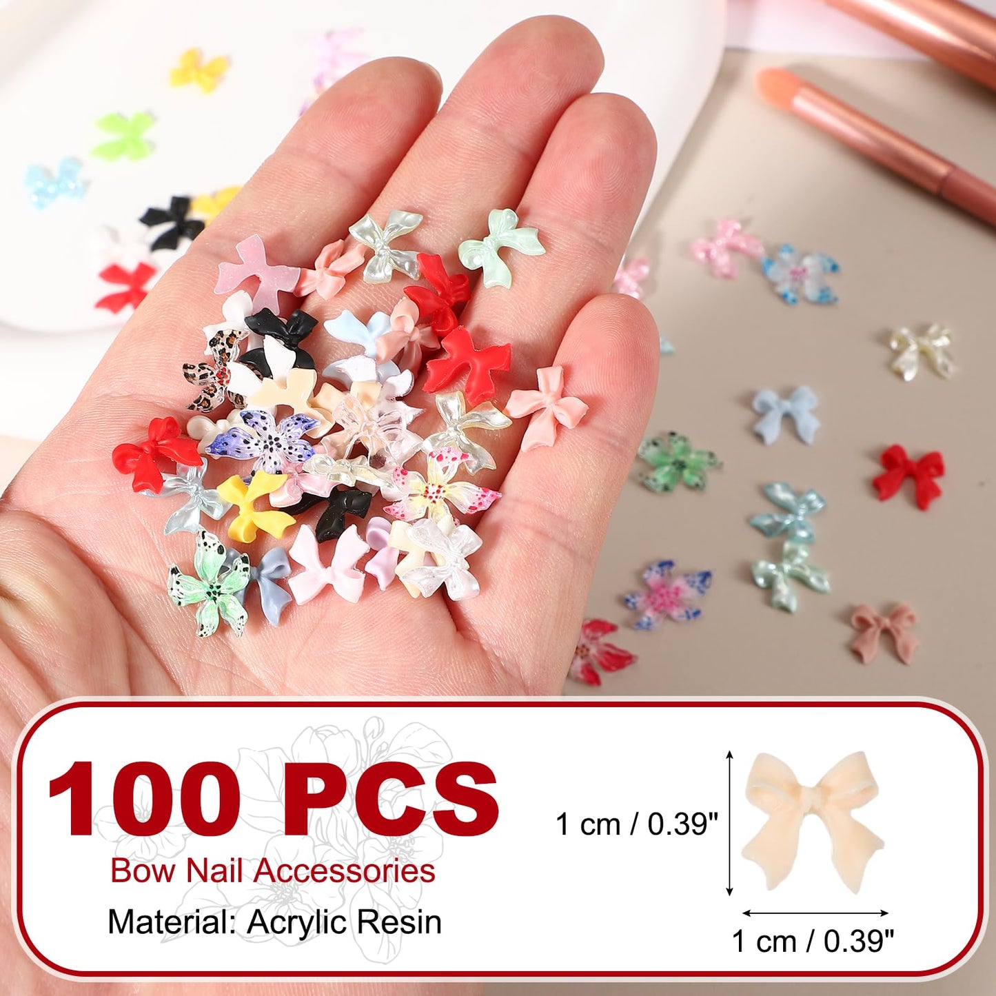 YELARXI Nail Bows, 3D Flowers for Nails Acrylic Resin Bows Art Accessories - Fitting for (DIY Manicure - Tips Decoration - Women and Girls) 100 Pcs & Khaki