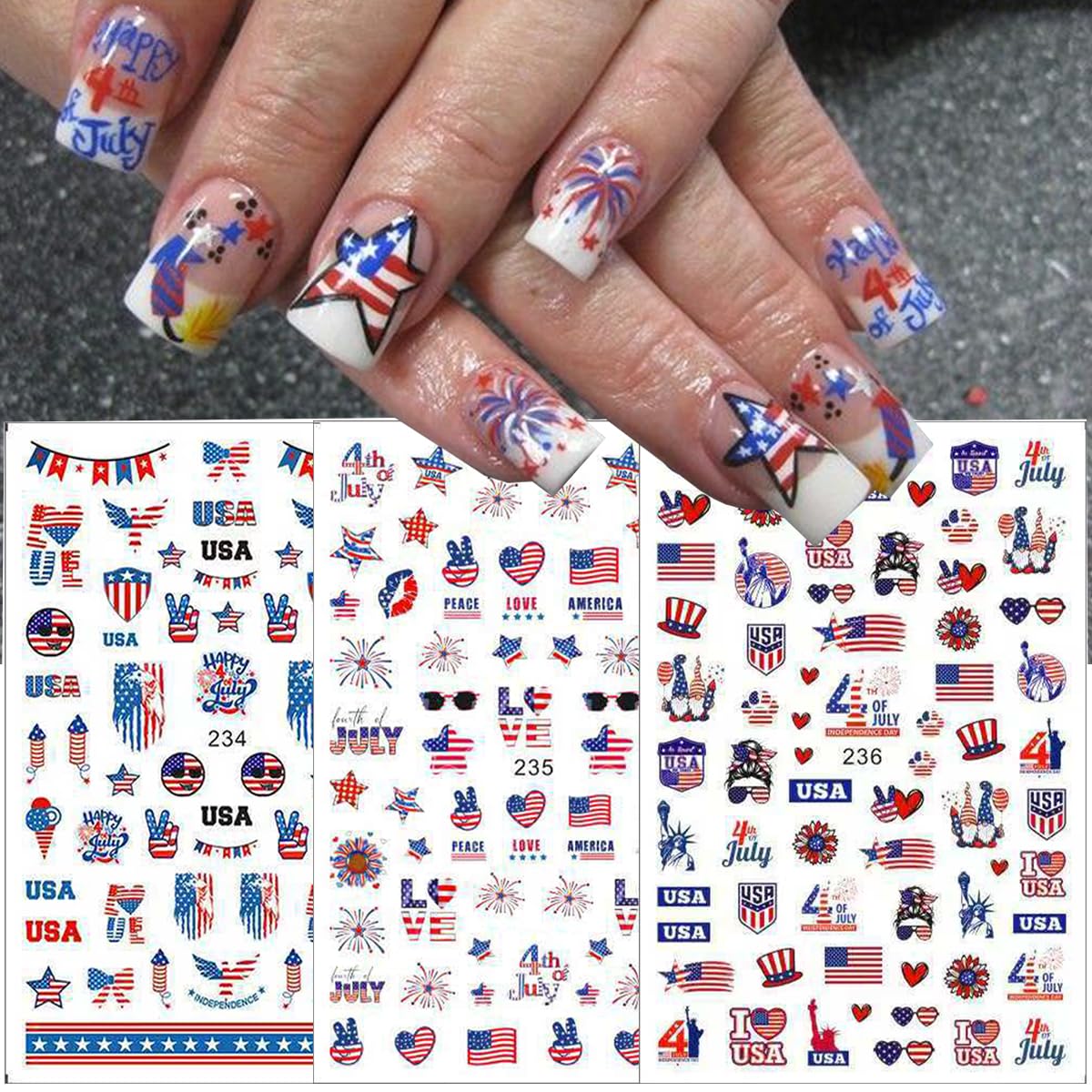 6Pcs/Celebrate 4th of July Nail Stickers for Nail Art Set - Independence Day Fireworks USA America UK Flags Adhesive Nail Art Sticker Decals DIY Patriotic Manicure Sliders Decorations Supplies