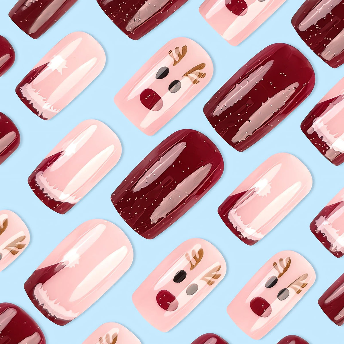 Short Square Press on Nails Christmas Fake Nails Red French Tip Santa Hat Glue on Nails with Elk Designs Acrylic Gel Nails Kit Red Artificial Nails Christmas False Nails 24Pcs for Women Nail Art