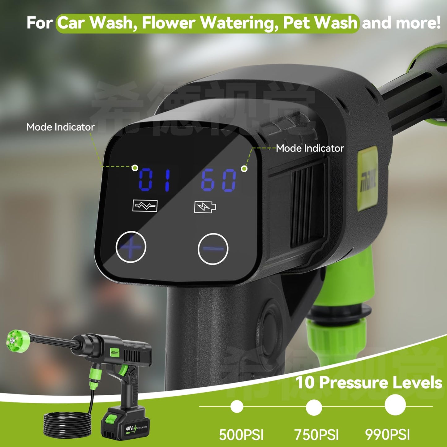 990PSI Portable Cordless Pressure Washer, Battery Powered Power Washer with 6-in-1 Nozzle, 10 Adjustable Levels Portable Pressure Washer, 33FT Hose Handheld Car Washer for Patio, Floor, Garden