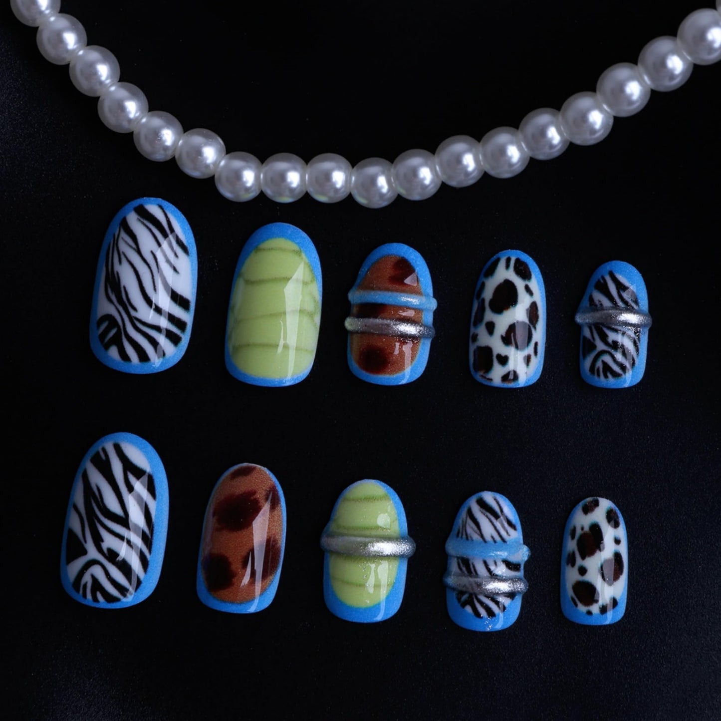 octoswave Oval Press on Nails Medium Length, 3D Animal Print Acrylic False Nails with Blue Borders, Fake Nails for Women Girls Party Travel, 24 Pcs