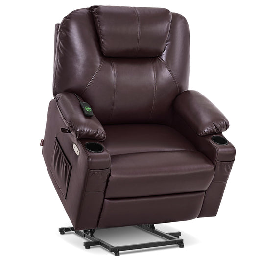 MCombo Extra Wide Power Lift Recliner Chair for Elderly, Lift Chair with Heat and Massage for Big People, USB&Type C Ports, Cup Holders, Faux Leather R7045 (Dark Brown, Medium-Wide)