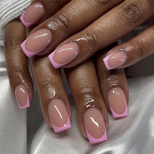Press On Nails - Short French Tip Fake Nails, Purple & Pink, Acrylic, Glossy Glue, Full Cover, Artificial, 24PCs