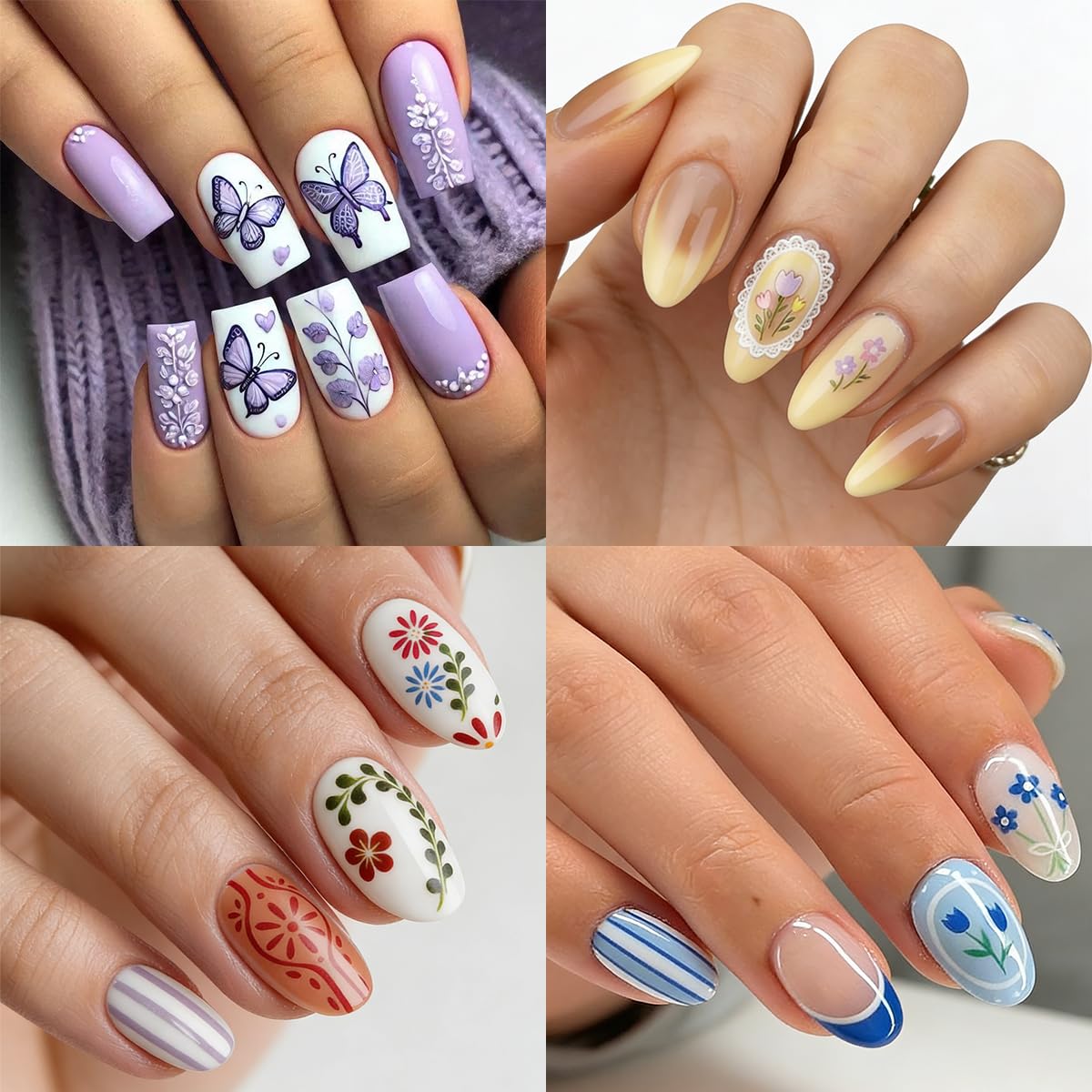 8 Sheets Flower Nail Stickers 3D Self Adhesive Spring Nail Decals Floral Nail Art Stickers with Butterfly Flowers French Lines Design for Women DIY Nail Decor