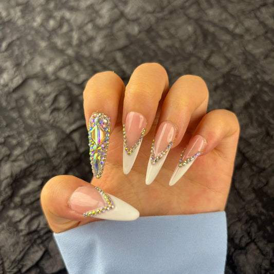 Yabonica Handmade French Tip Press On Nails Stiletto,10Pcs False Nails Press Ons with 3D Bling Rhinestones Design,Long Lasting&Reusable Glue On Fake Nail for Woman Girls Party Daily Wear Gift (039S)