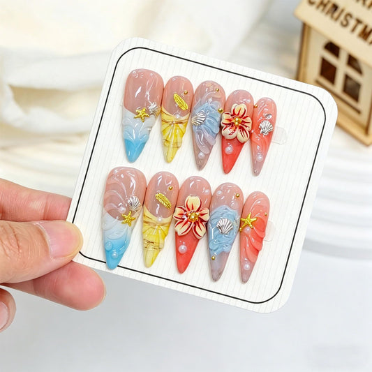 10 Pcs Handmade Press on Nails Long Stiletto Fake Nails with Design 3D French Tip Flower False Nails Nude Acrylic Long Stiletto Press Ons Nails for Women Wedding Party - Size M