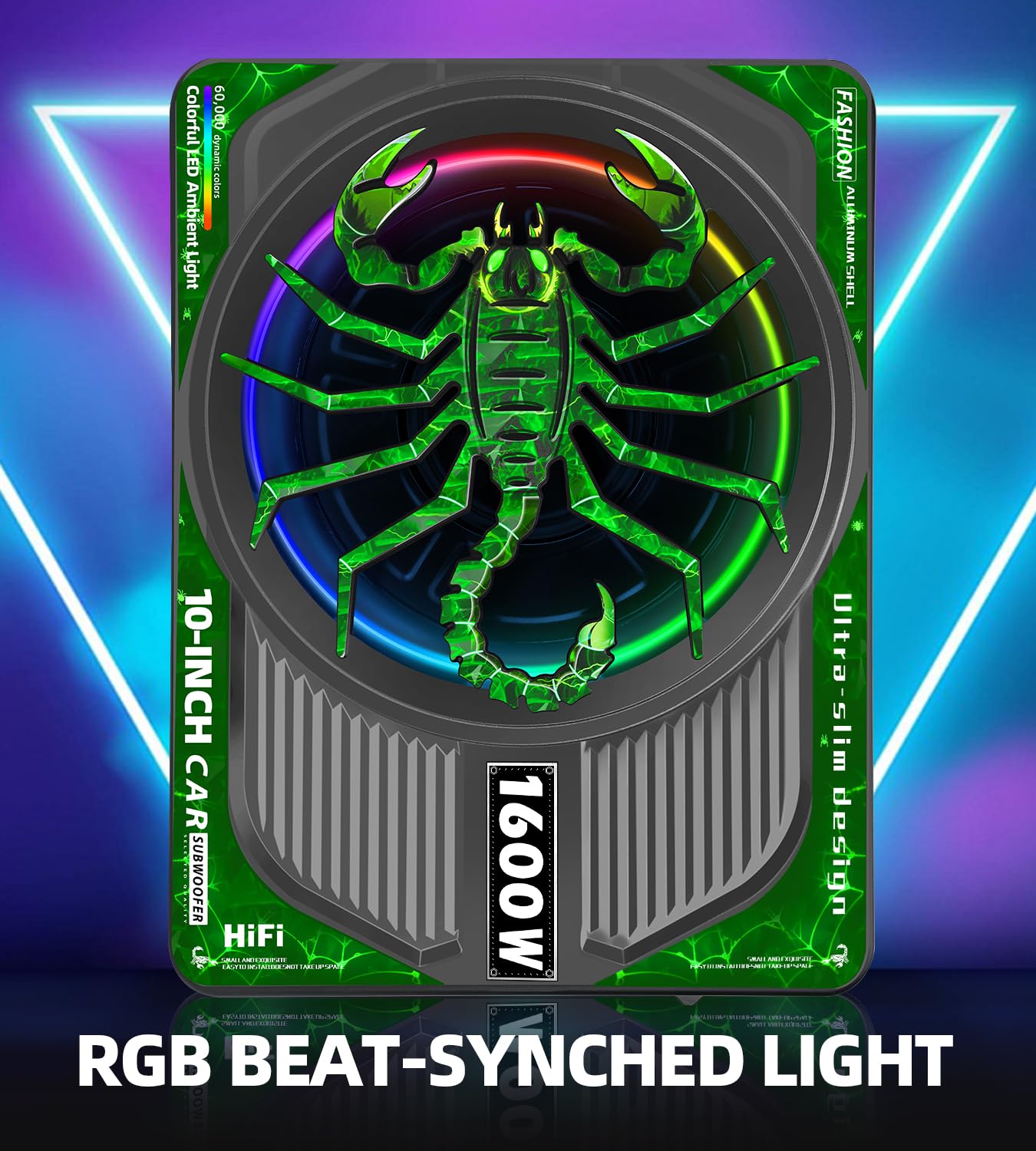 SUBPULSIX 1600W Slim Underseat Car Subwoofer and Amp Package, Powered Subwoofer Car Audio with Built-in Class D Amplifier, RGB Beat-Sync Lights, Subsonic Deep Bass, Subwoofer for Truck SUV Sedan