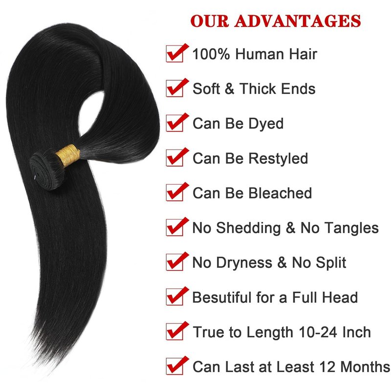 NROOEAY Straight Bundles Human Hair 22 inch 100% Unprocessed Brazilian Straight Hair Bundles 12A Remy Virgin Retain the Intact Cuticle, Long Lifespan