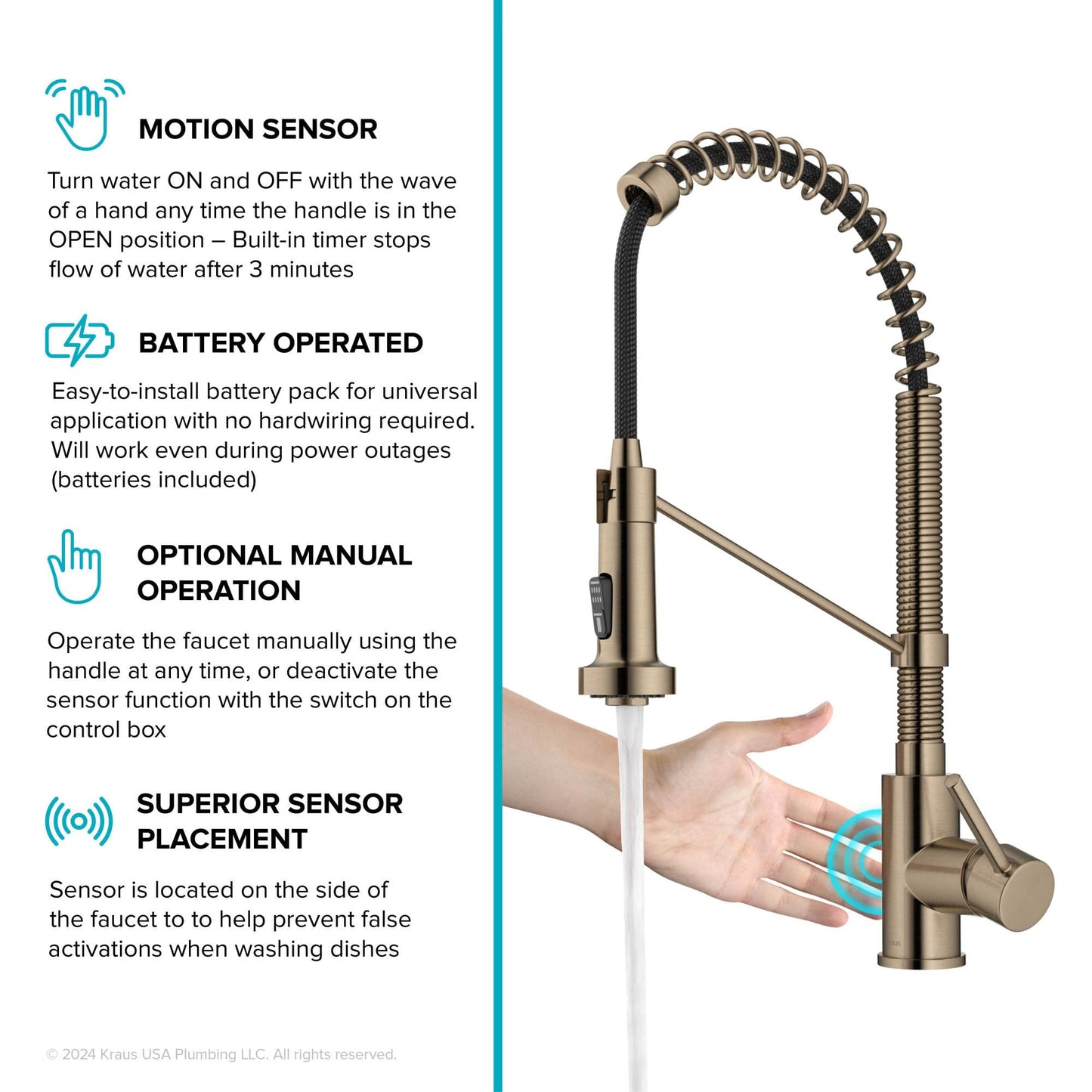KRAUS Bolden Touchless Sensor Commercial Style 2-Function Single Handle Pull Down Kitchen Faucet in Spot-Free Antique Champagne Bronze, KSF-1610SFACB