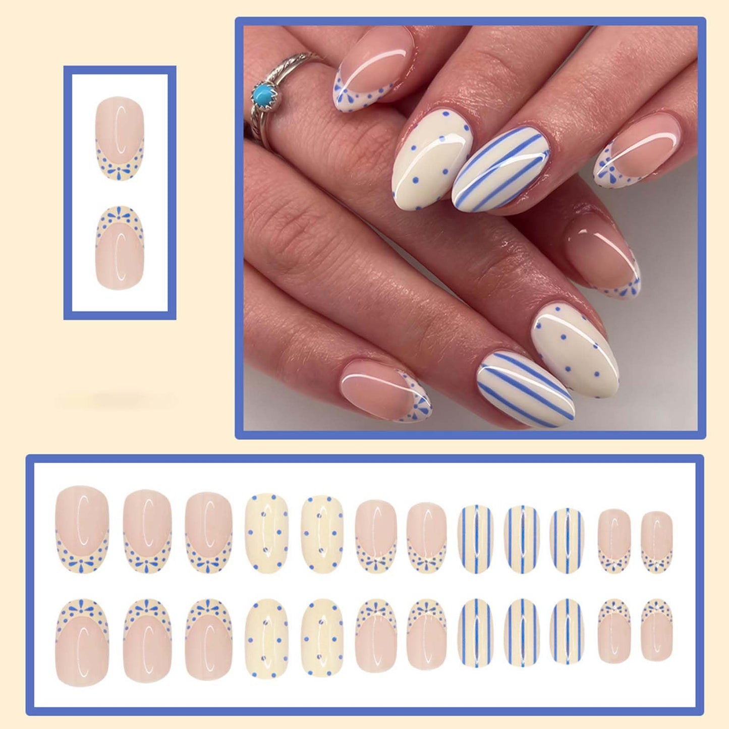 AWDSLUY 24Pcs Blue White French Tip Press on Nails Short Almond Fake Nails with Polka Dot Stripe Design Nude Glossy False Nails Elegant Full Cover Stick on Nails Tips for Women Summer Manicure