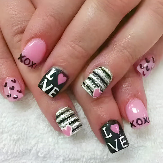 FIEONCIY Press on Nails Short Square Valentine Glossy Full Cover Acrylic False Nails with Heart Designs Artificial Square Fake Nails Glue ons Fingernails for Women Girls (YS507)