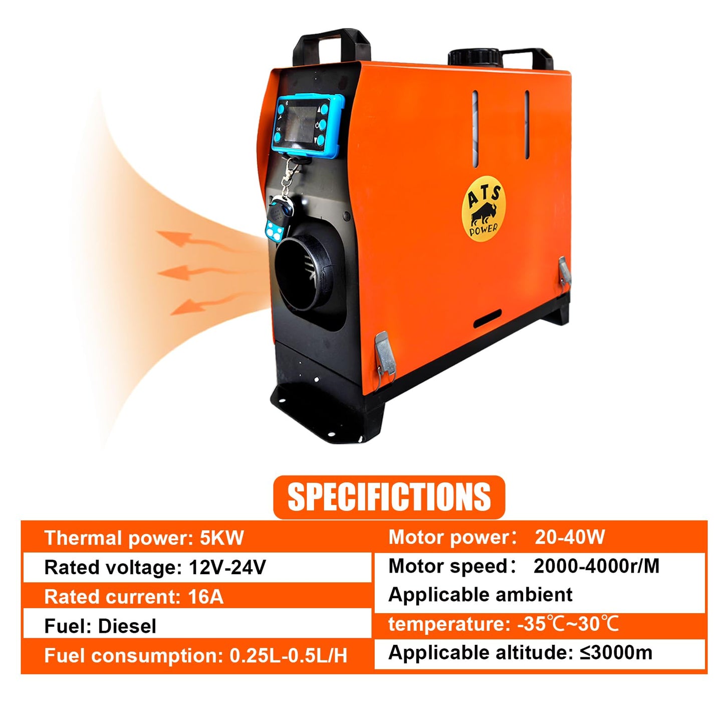 5KW Diesel Air Heater - 12V-24V Portable Diesel Heater with 0.25-0.5L/H Fuel Consumption, -35°C to 30°C Working Temp for RV, Truck, Boat, Camping
