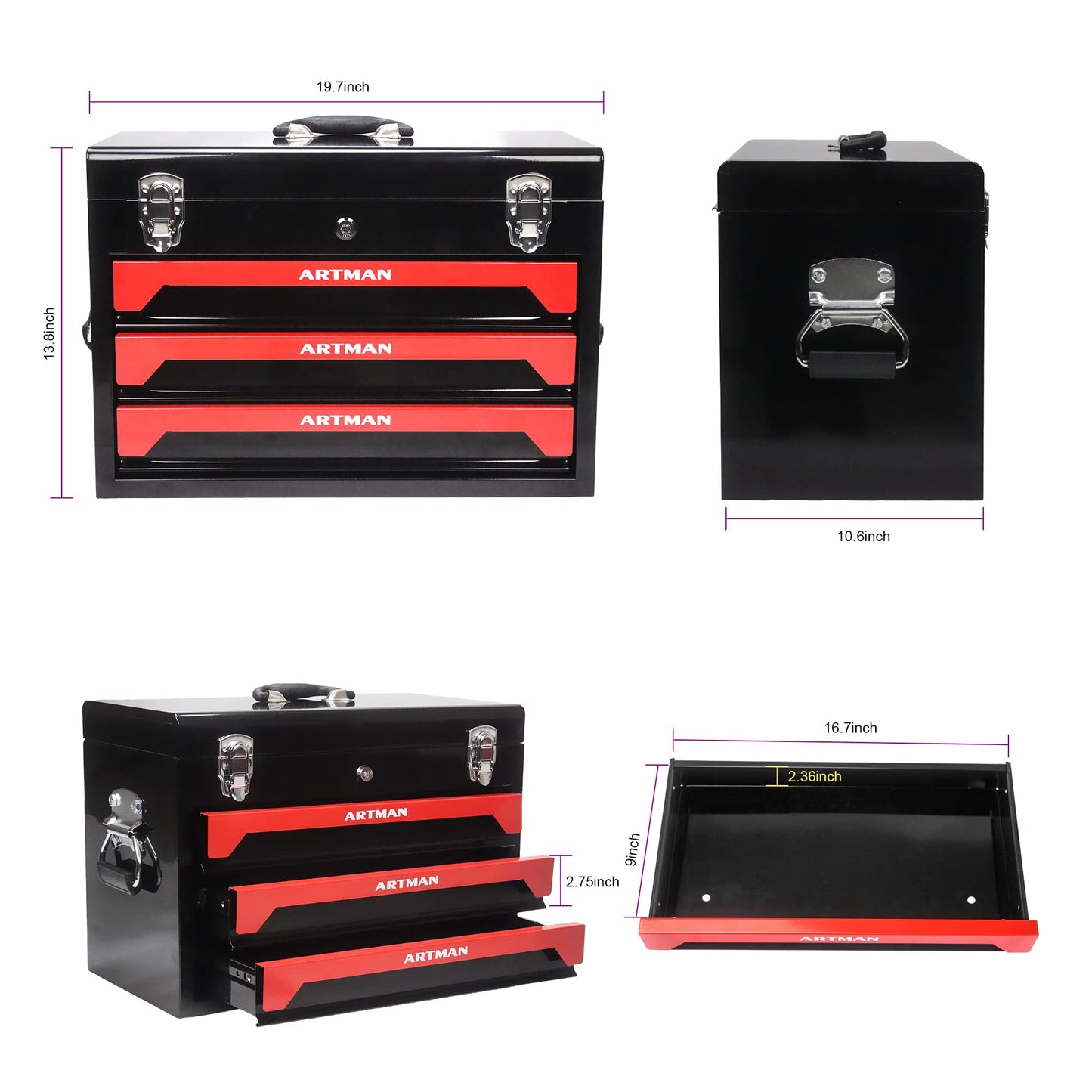 Mechanics Tool Box Organizer, Portable Tool Chest with 3 Drawers, Lockable Tool Storage Cabinet with Metal Latch Closure for Home, Garage, Warehouse, Repair Shop