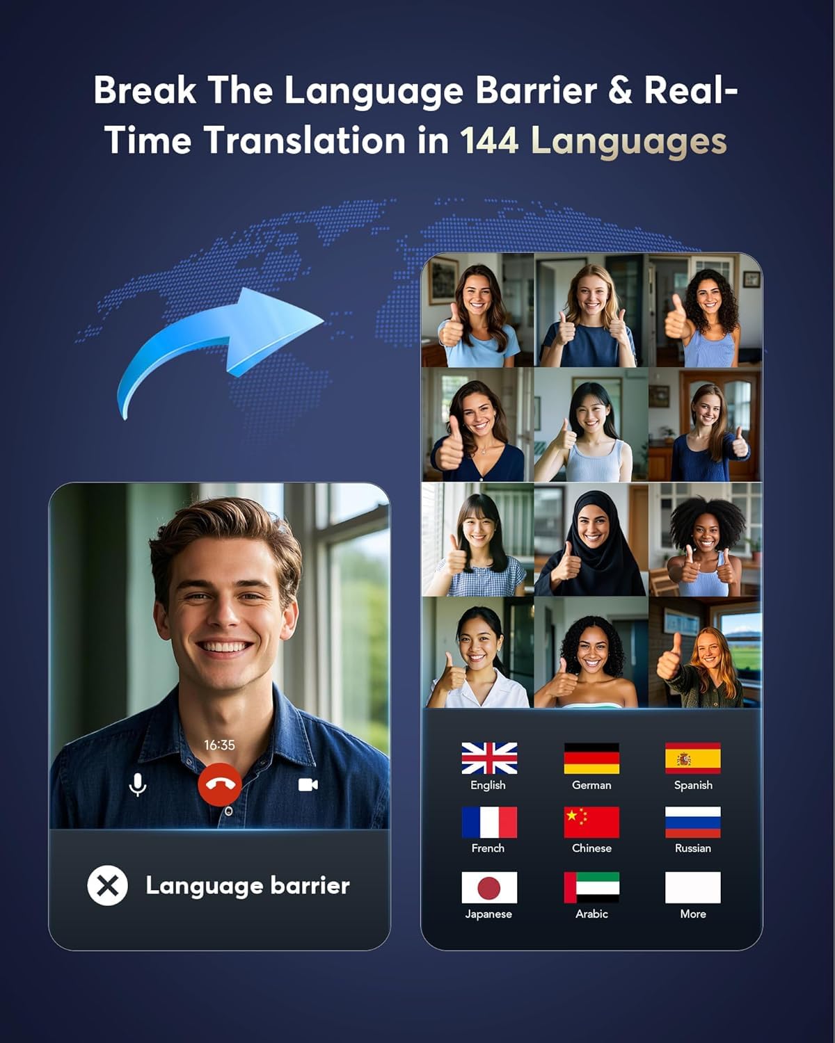 AI Translation Earbuds Real Time, Multifunctional Touch Screen Translator for 144 Languages & Accents Audifonos Traductores Inglés Español Noise Canceling Headphones for1Travel Business Learning Black