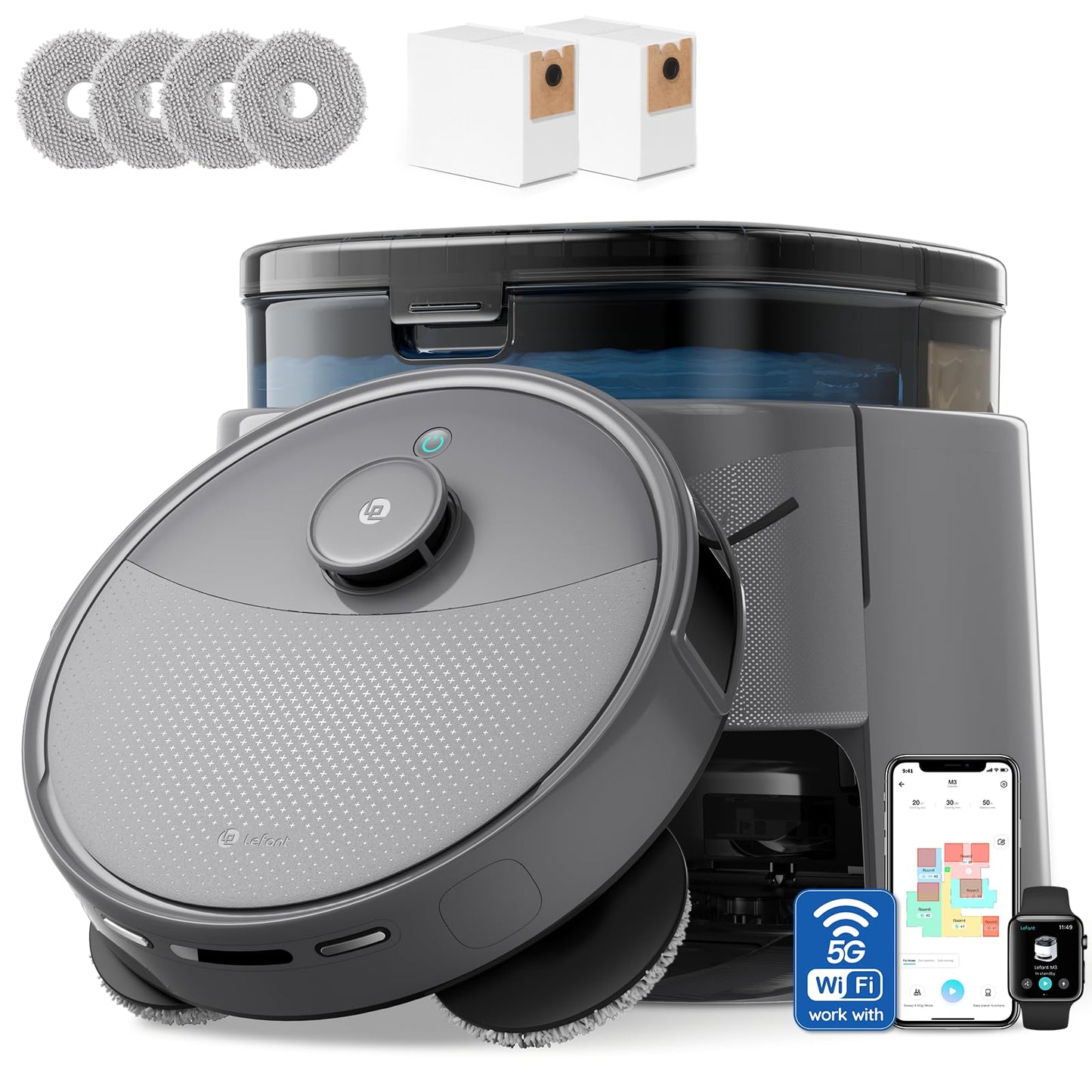Lefant LiDAR Robot Vacuum and Mop, 20000Pa Suction, 90-Day Self-Emptying, Obstacle Avoidance, Auto Mop Washing&Drying, All-in-One for Pet Hair Carpet, 5G WiFi Alexa/APP/iWatch Control, M3 Max