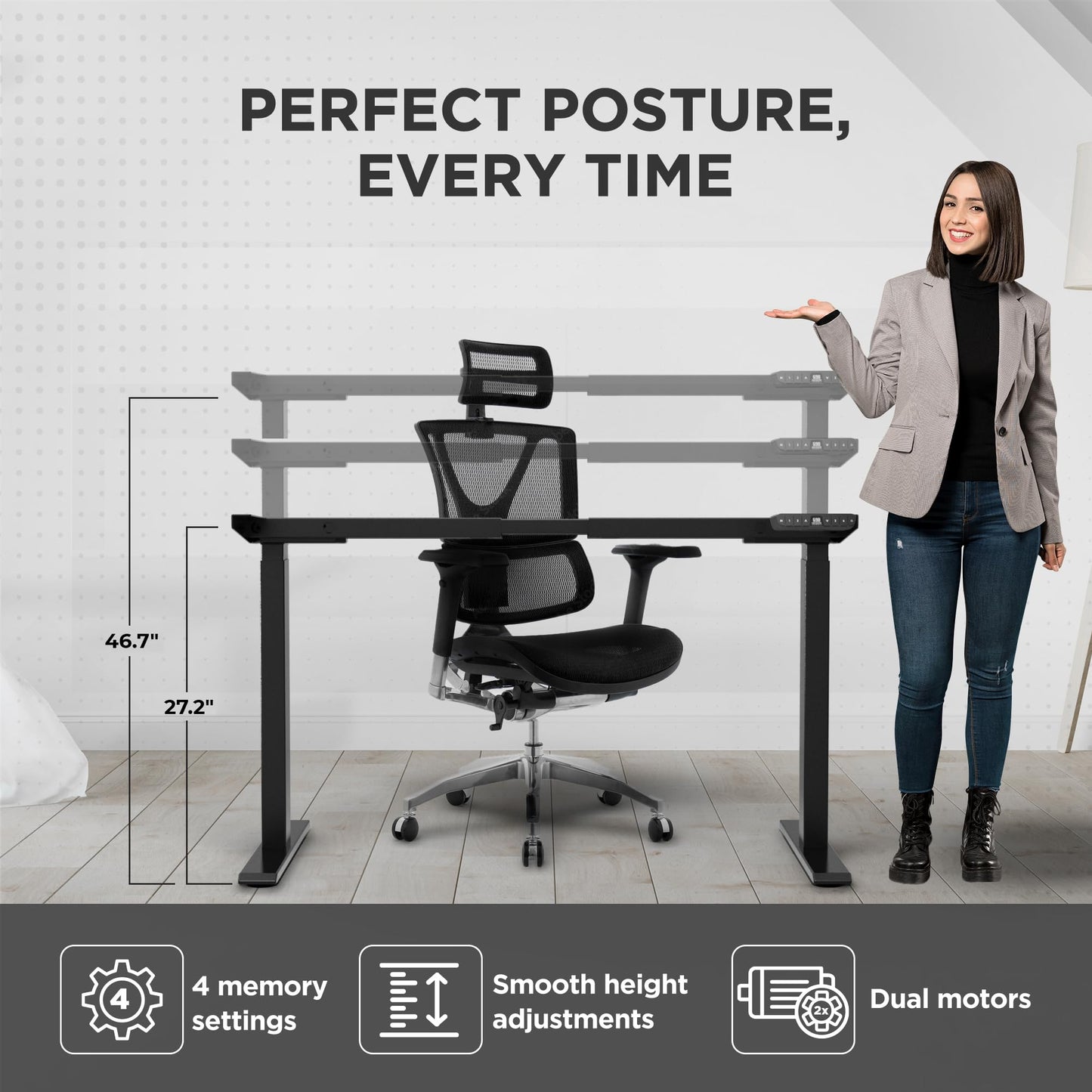 Uncaged Ergonomics Rise Up Standing Desk Legs, Adjustable Standing Desk Frame Dual Motor w/Memory, Electric Frame Base Height Desktop Table, Sit Stand Electric Table Legs