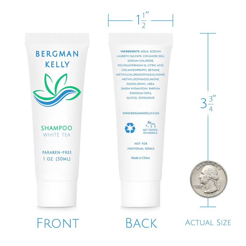 BERGMAN KELLY - Travel Size Hotel Shampoo - 1 fl oz, 100 PK, White Tea - Delight Your Guests with Revitalizing & Refreshing Hair Cleanser for Guest Hospitality - Mini & Small Size Shampoo in Bulk